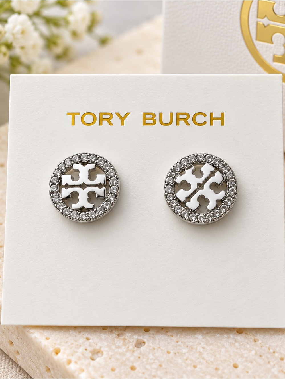Tory Burch White Enamel Logo Crystal Halo Stud Earrings